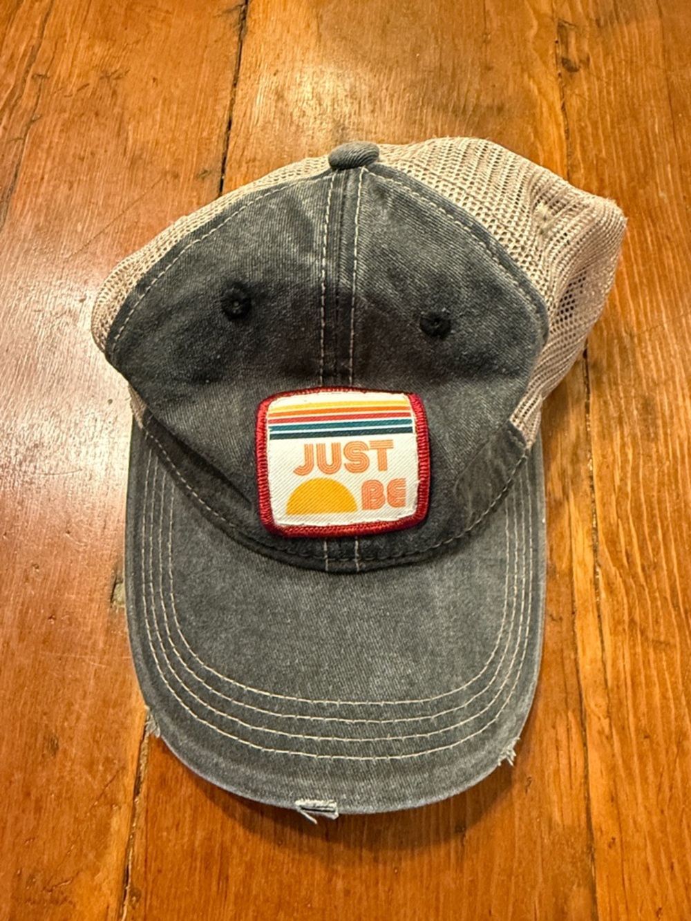just be Grey Denim Trucker Cap with Multicolor Patch